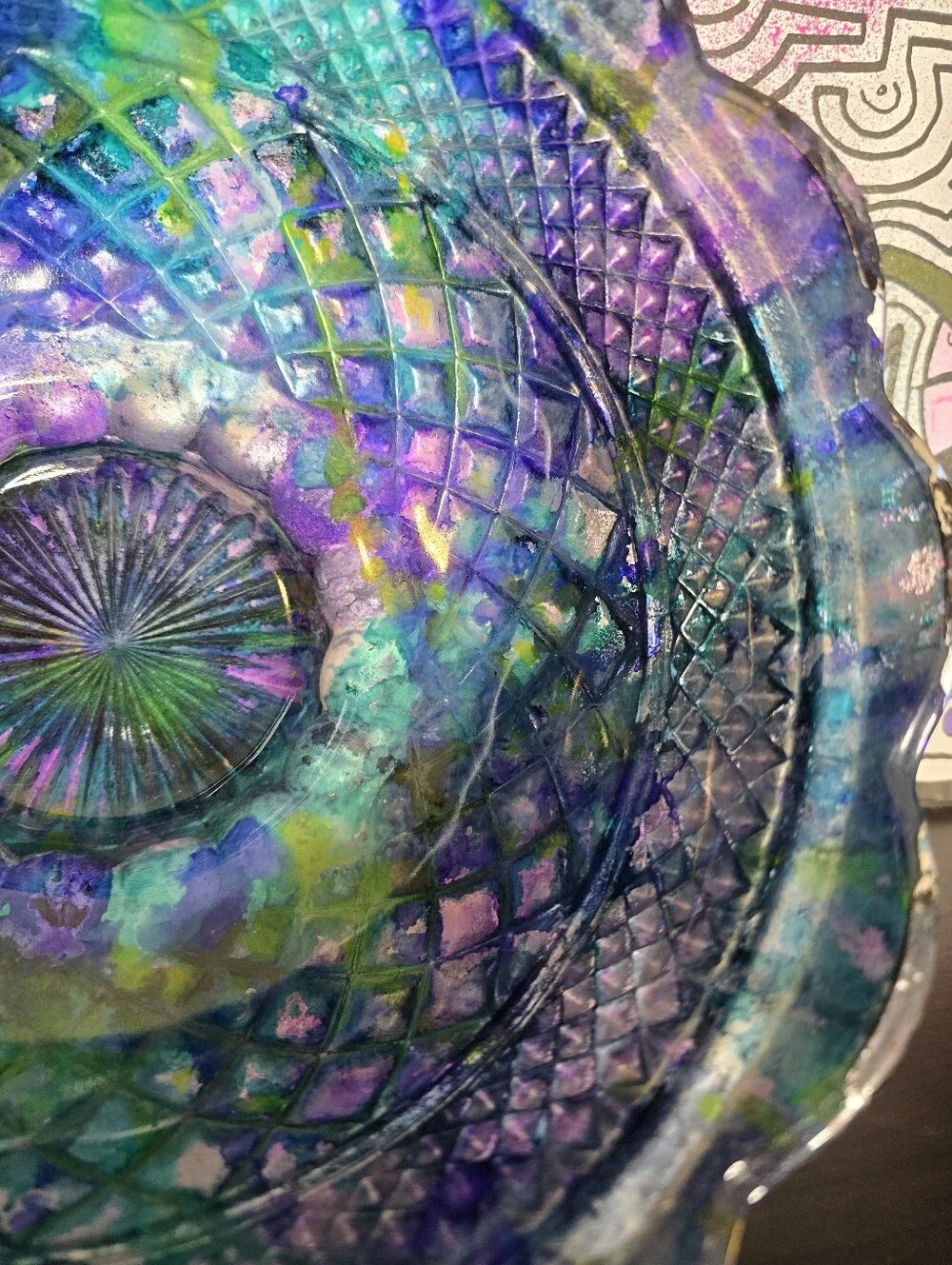 HANDCRAFTED Upcycled Glass Bowl HANDPAINTED Decorative Etched Glass Bowl W Stem